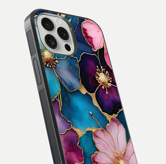 Sparkle Floral Glass Case for iPhone 16 Pro close-up angled shot highlighting shimmer details and reflection