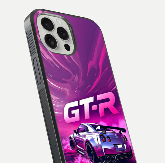Speed Drift Legend Glass Case for iPhone 16 Pro close-up angled shot highlighting speed lines and reflection