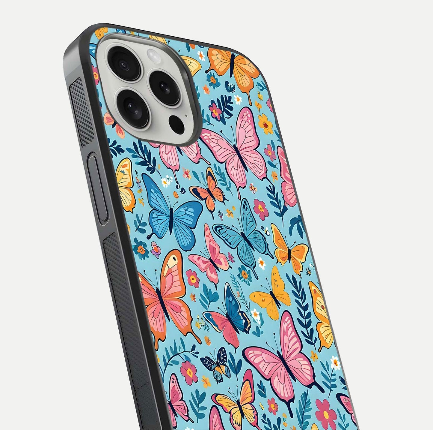 Spiritual Krishna Glass Case for iPhone 16 Pro close-up angled shot showing HD print, color tone, and reflection