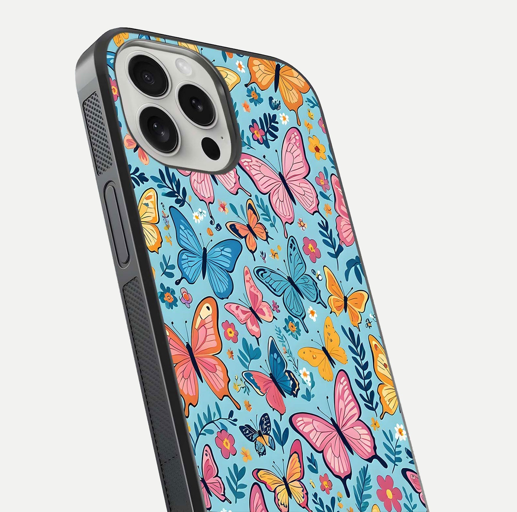 Spiritual Krishna Glass Case for iPhone 16 Pro close-up angled shot showing HD print, color tone, and reflection