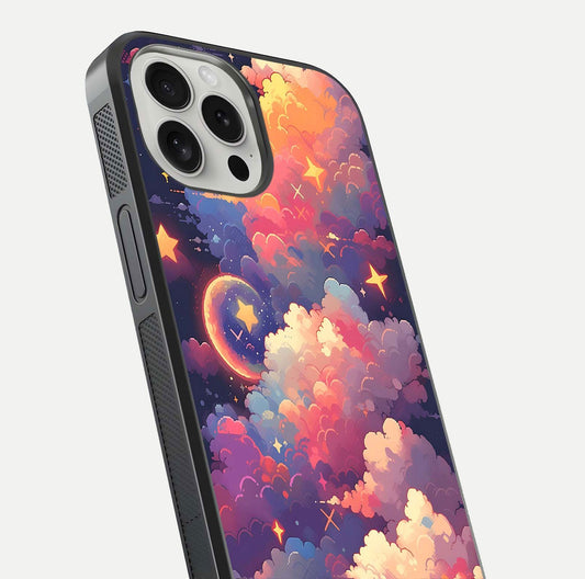 Starlit Dream Clouds Glass Case for iPhone 16 Pro close-up angled shot highlighting cloud texture and reflection