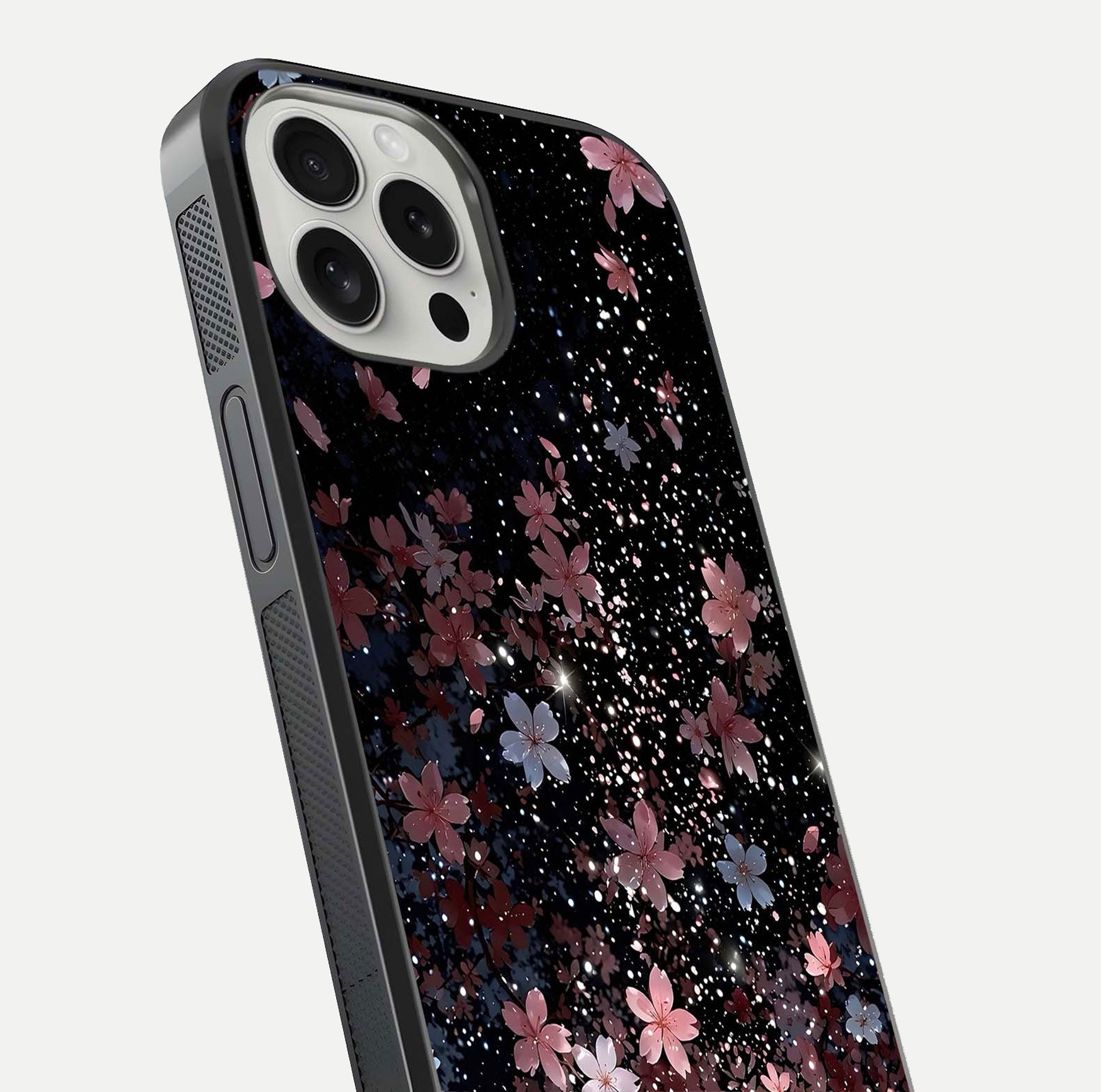 Starlit Flower Dreams Glass Case for iPhone 16 Pro close-up angled shot highlighting petal reflection and HD depth
