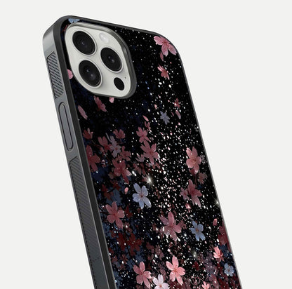 Starlit Flower Dreams Glass Case for iPhone 16 Pro close-up angled shot highlighting petal reflection and HD depth