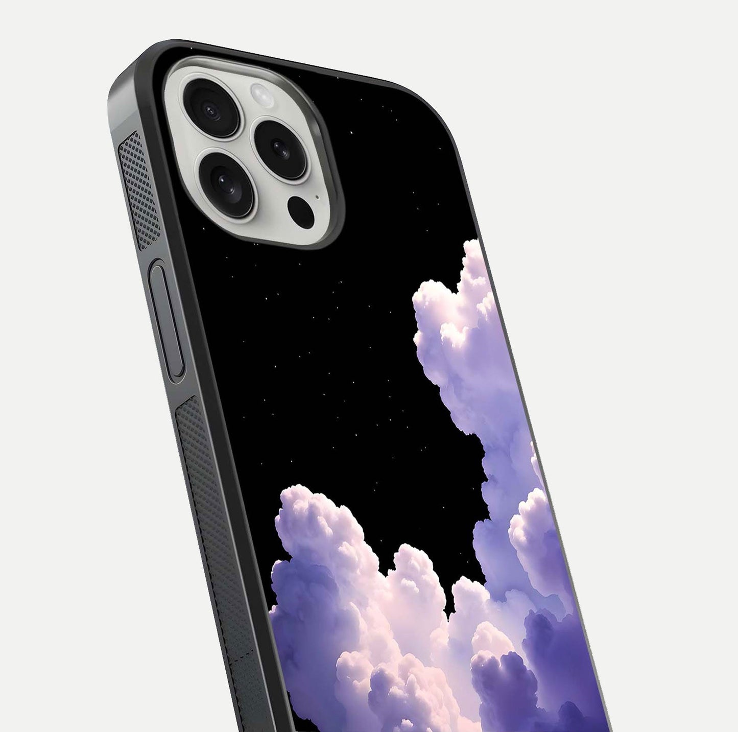 Starlit Night Whispers Glass Case for iPhone 16 Pro close-up angled shot highlighting stars and reflection
