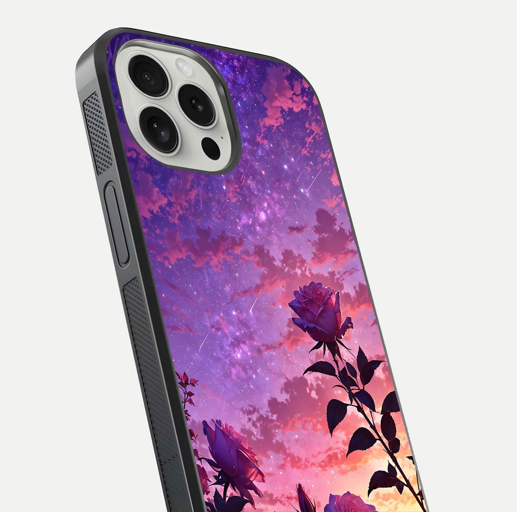 Starlit Rose Twilight Glass Case for iPhone 16 Pro close-up angled shot highlighting rose detail and reflection