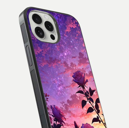 Starlit Rose Twilight Glass Case for iPhone 16 Pro close-up angled shot highlighting rose detail and reflection