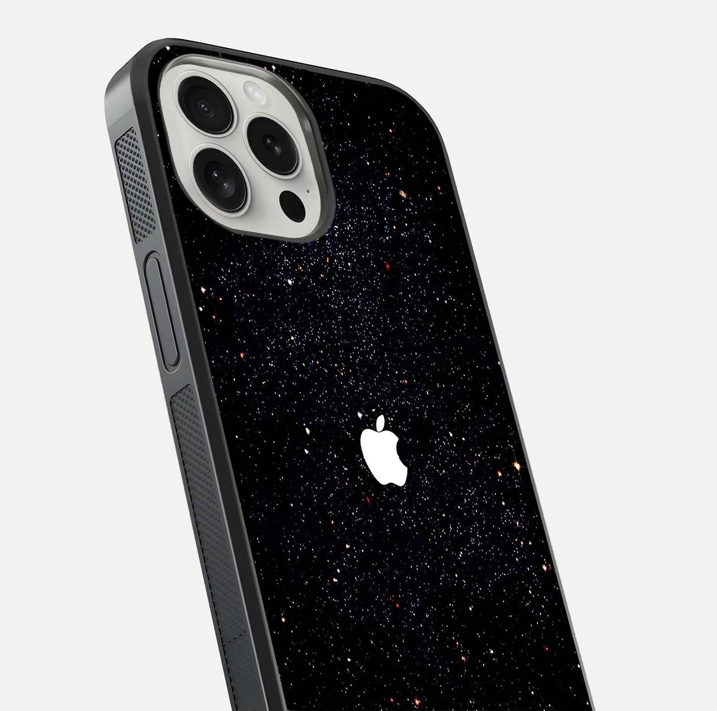 Starry Apple Galaxy Glass Case for iPhone 16 Pro close-up angled shot highlighting star details and gloss