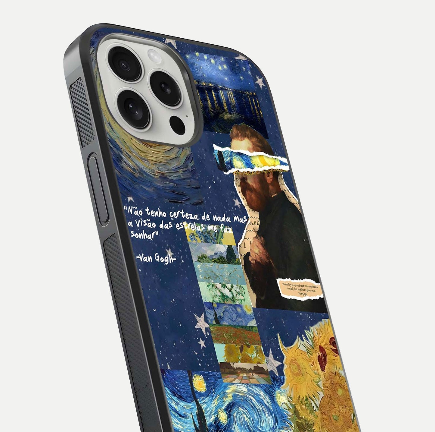 Starry Dream Vision Glass Case for iPhone 16 Pro close-up angled shot highlighting cosmic light and reflection