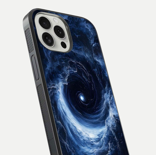 Stunning Galaxy Glass Case for iPhone 16 Pro close-up angled shot highlighting nebula tones and HD reflection
