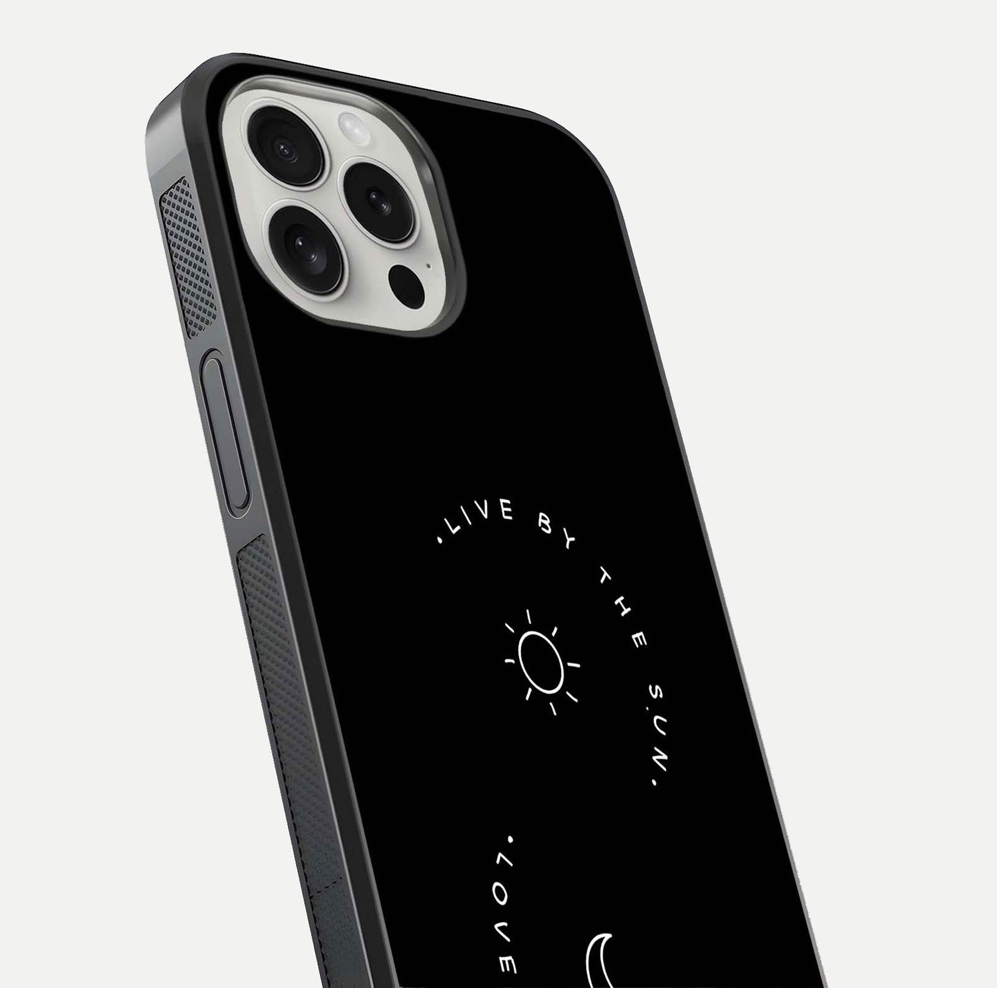 Sun Moon Balance Glass Case for iPhone 16 Pro close-up angled shot highlighting cosmic art and HD reflection