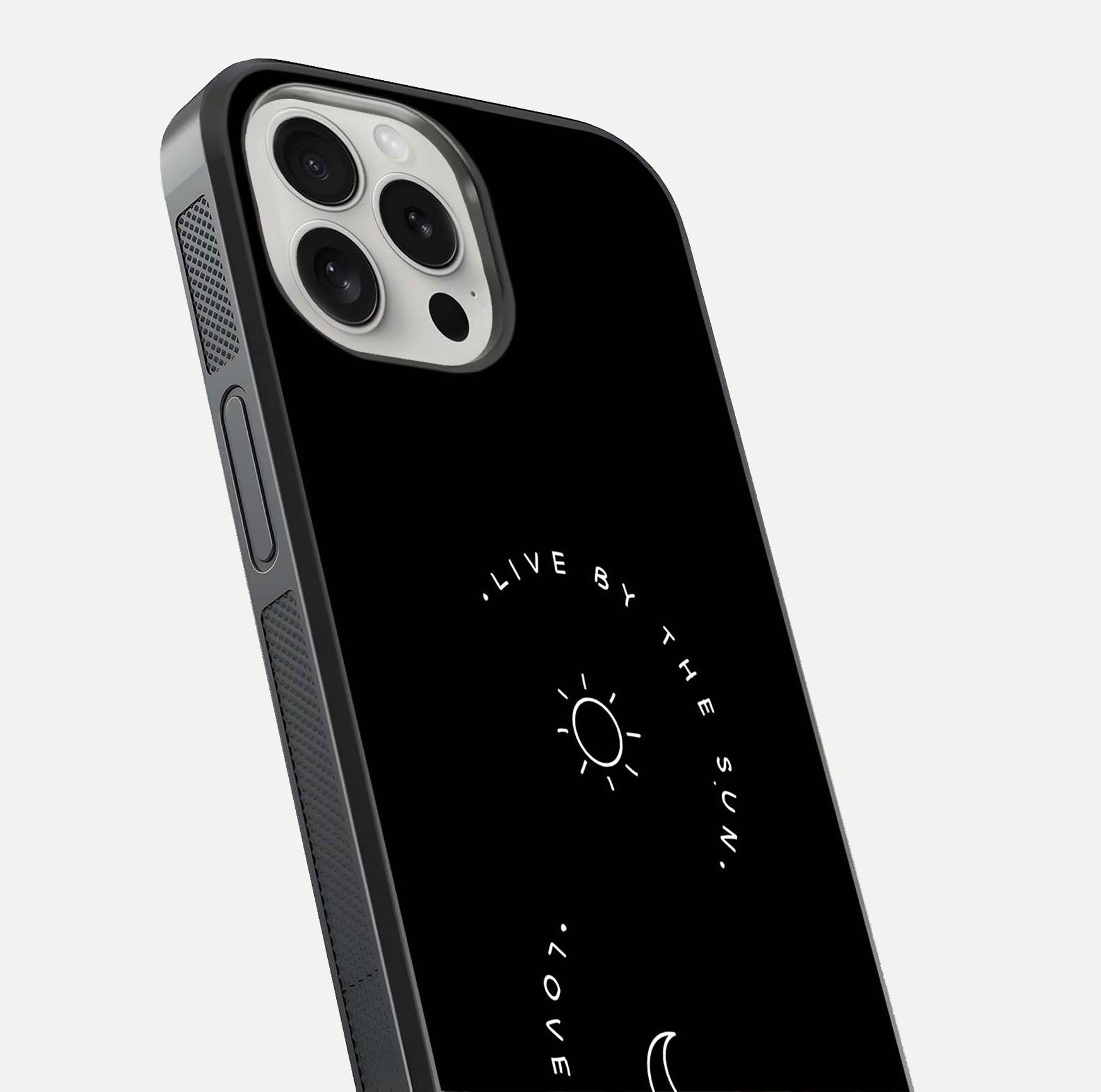 Sun Moon Balance Glass Case for iPhone 16 Pro close-up angled shot highlighting cosmic art and HD reflection