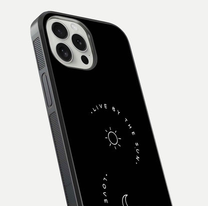 Sun Moon Balance Glass Case for iPhone 16 Pro close-up angled shot highlighting cosmic art and HD reflection