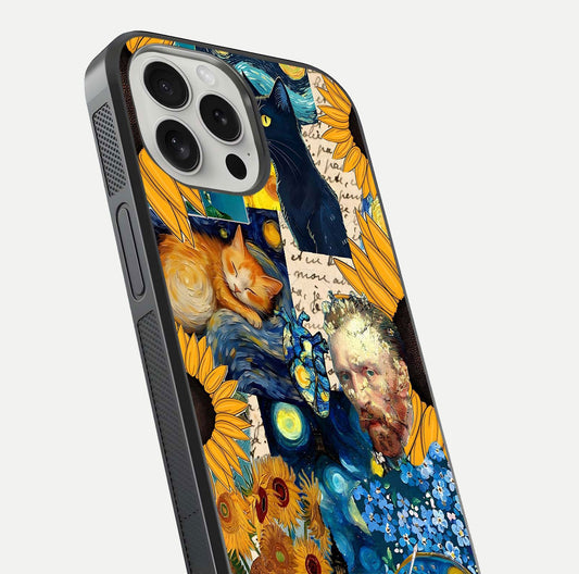 Sunflower Cat Art Glass Case for iPhone 16 Pro close-up angled shot highlighting yellow tones and art reflection
