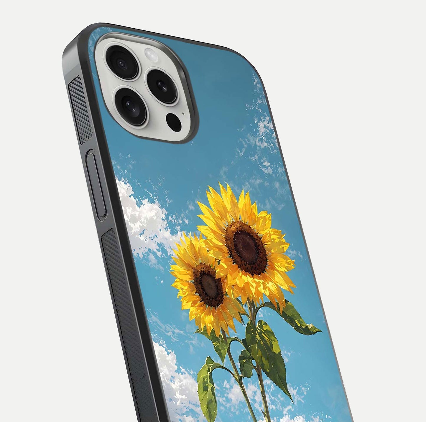 Sunflower Sky Bloom Glass Case for iPhone 16 Pro close-up angled shot highlighting petal details and reflection