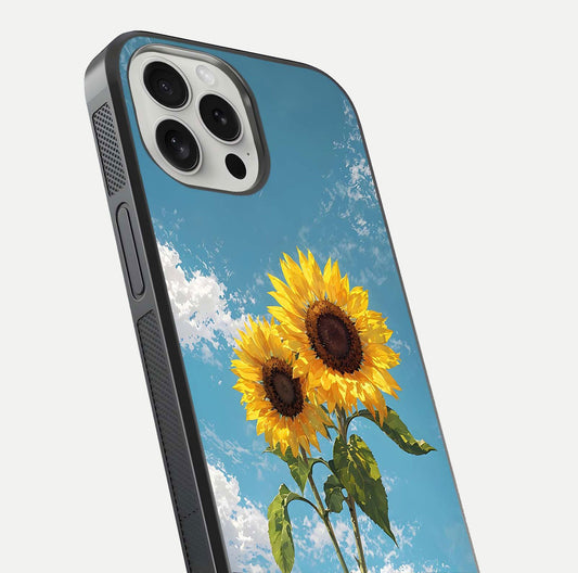 Sunflower Sky Bloom Glass Case for iPhone 16 Pro close-up angled shot highlighting petal details and reflection