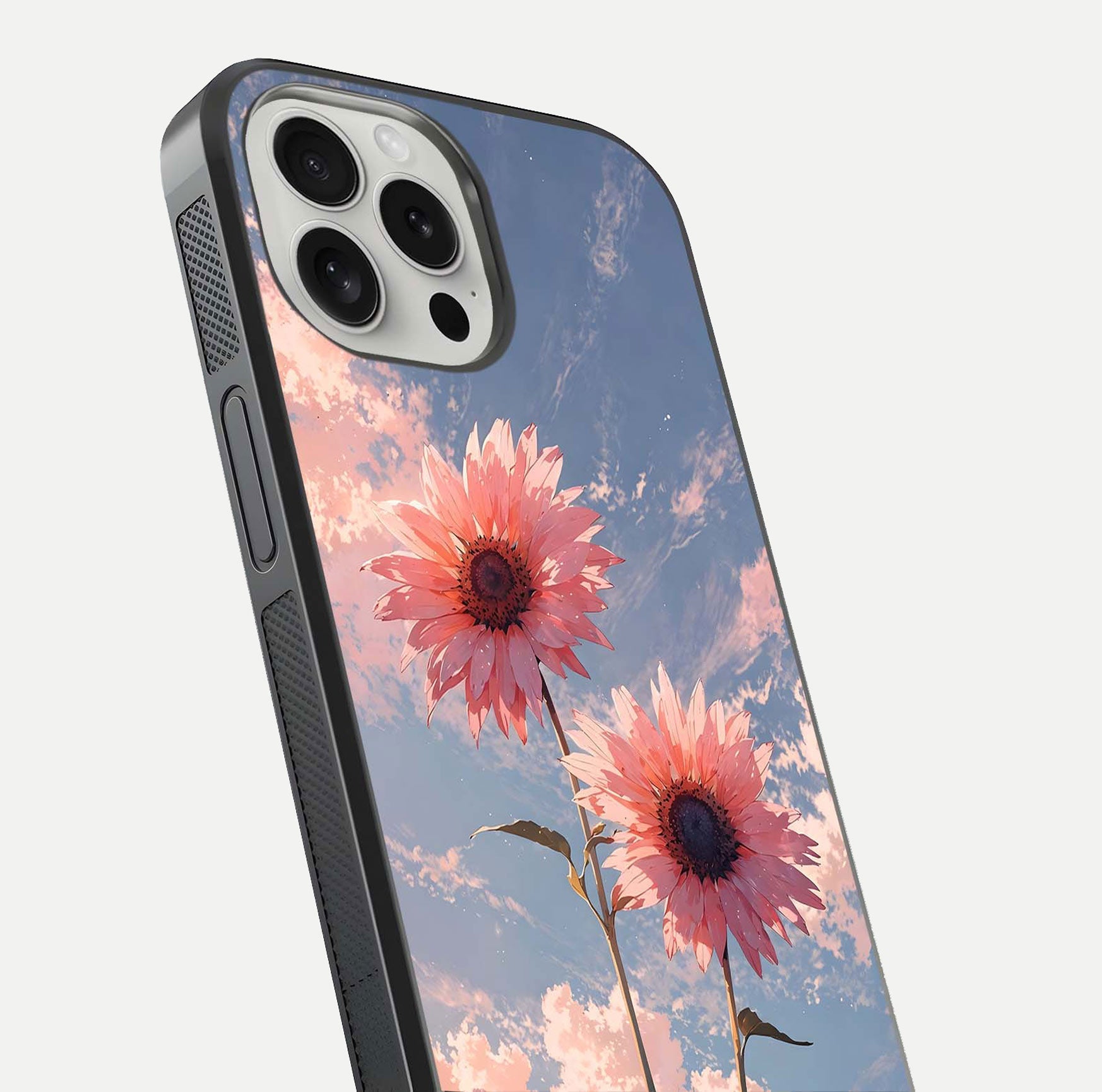 Sunlit Daisy Glow Glass Case for iPhone 16 Pro close-up angled shot highlighting petal texture and reflection