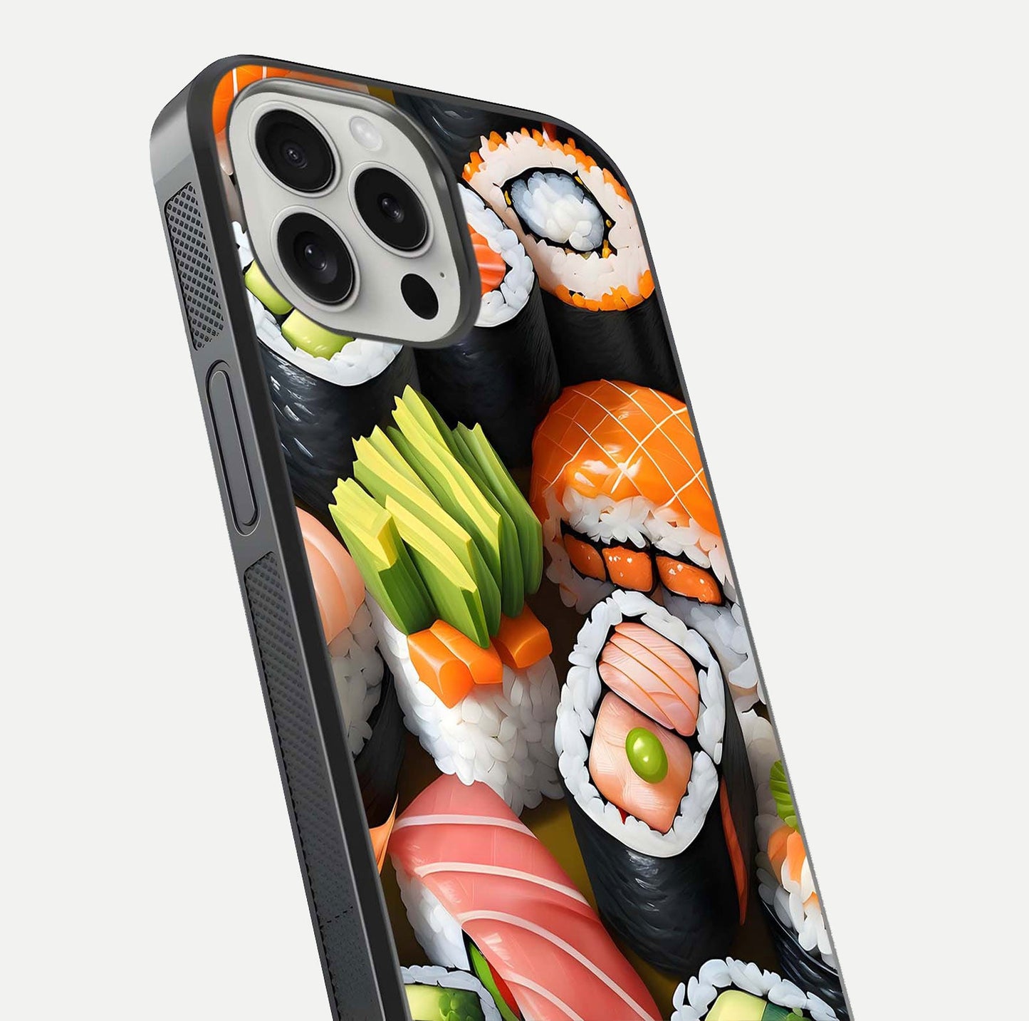 Sushi Food Pattern Glass Case for iPhone 16 Pro close-up angled shot highlighting colorful sushi prints and reflection
