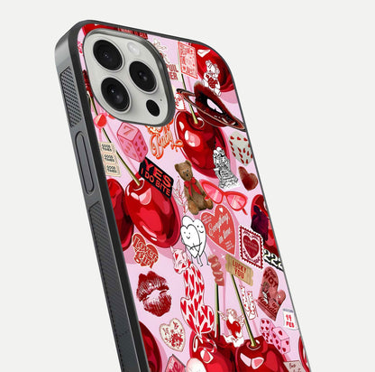 Sweet Cherry Chaos Glass Case for iPhone 16 Pro close-up angled shot highlighting red tone contrast and reflection