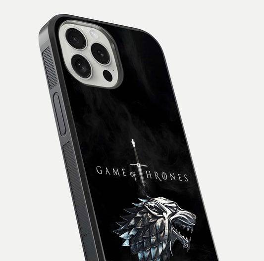 Throne Wolf Legacy Glass Case for iPhone 16 Pro close-up angled shot highlighting fur texture and reflection