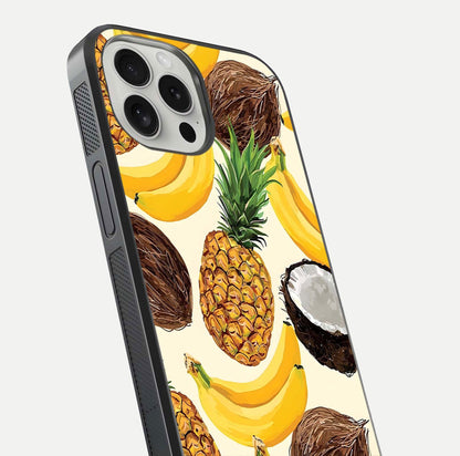 Tropical Fruit Mood Glass Case for iPhone 16 Pro close-up angled shot highlighting fruit texture and reflection