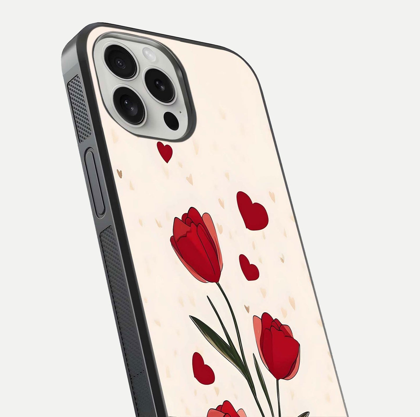 Tulip With Heart Glass Case for iPhone 16 Pro close-up angled shot highlighting petal details and reflection
