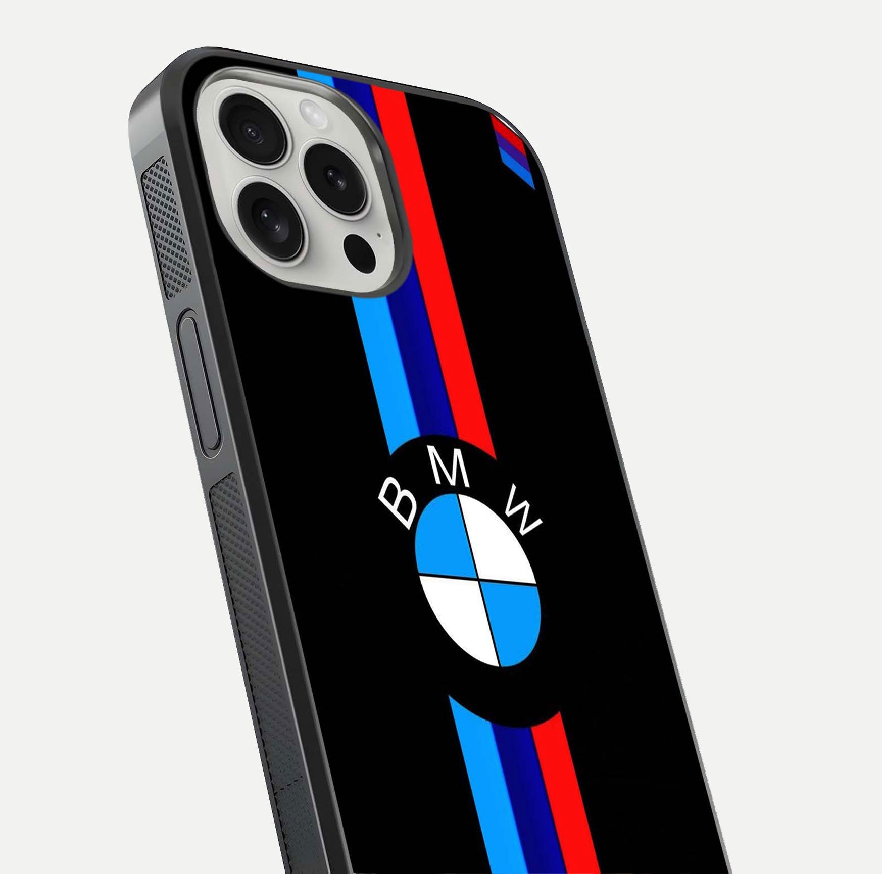 Turbo BMW Beast Glass Case for iPhone 16 Pro close-up angled shot highlighting car detailing and reflection