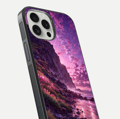 Twilight Blossom Coast Glass Case for iPhone 16 Pro close-up angled shot highlighting gradient sky and reflection