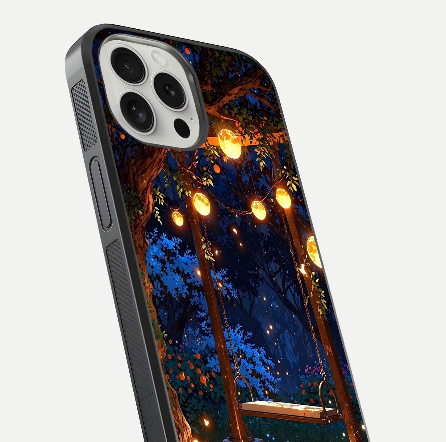 Twilight Garden Swing Glass Case for iPhone 16 Pro close-up angled shot highlighting floral tones and reflection