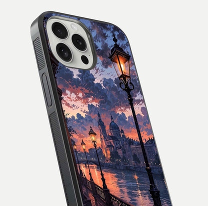 Twilight River Lights Glass Case for iPhone 16 Pro close-up angled shot highlighting river reflections and color tones