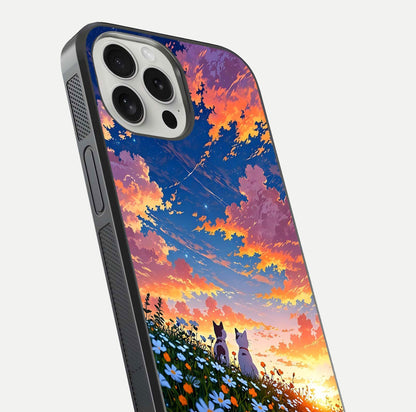 Two Cats Friends Glass Case for iPhone 16 Pro close-up angled shot highlighting cat illustrations and soft reflection