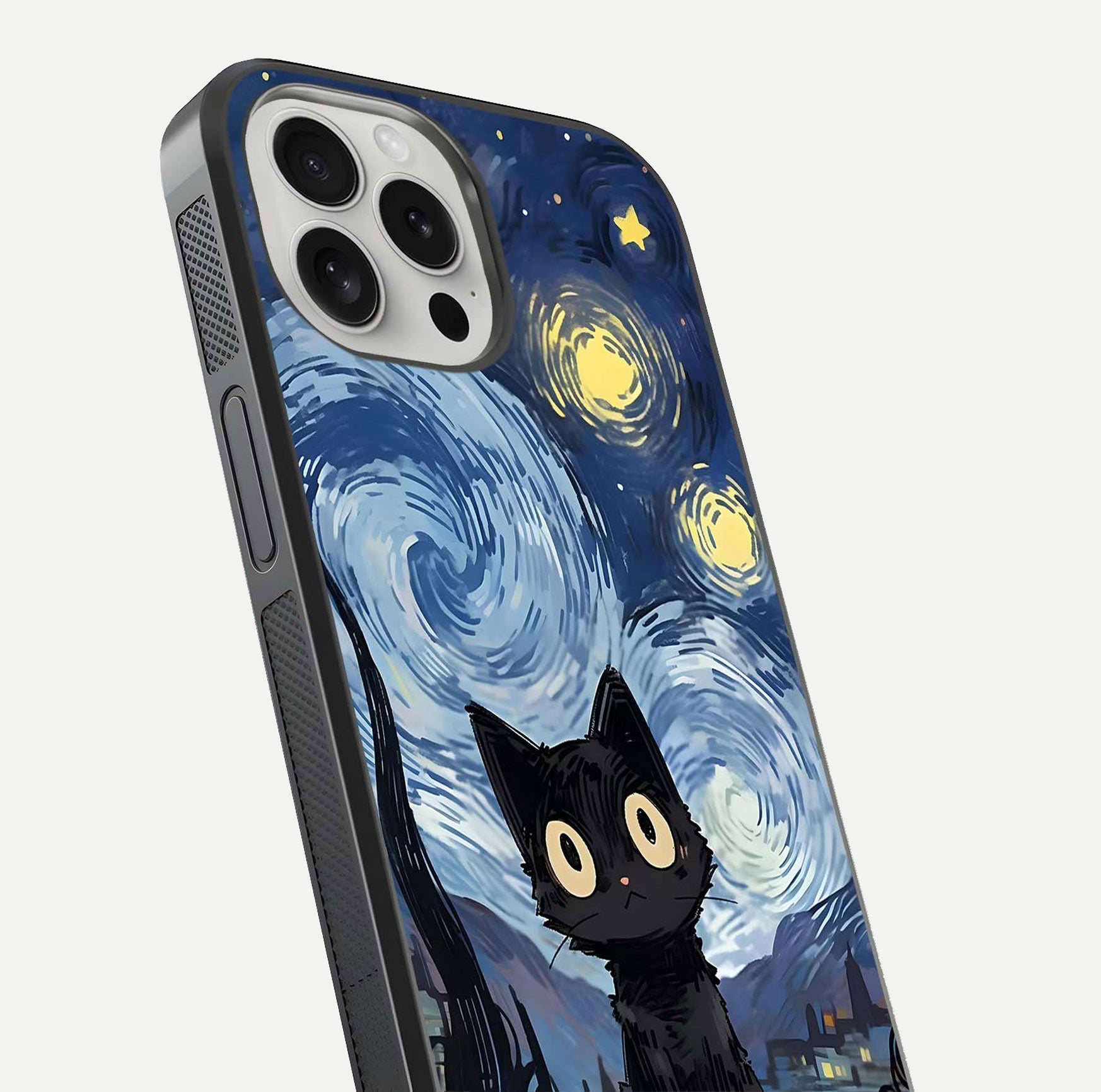 Van Gogh Cat Glass Case for iPhone 16 Pro close-up angled shot highlighting brushstroke texture and reflection