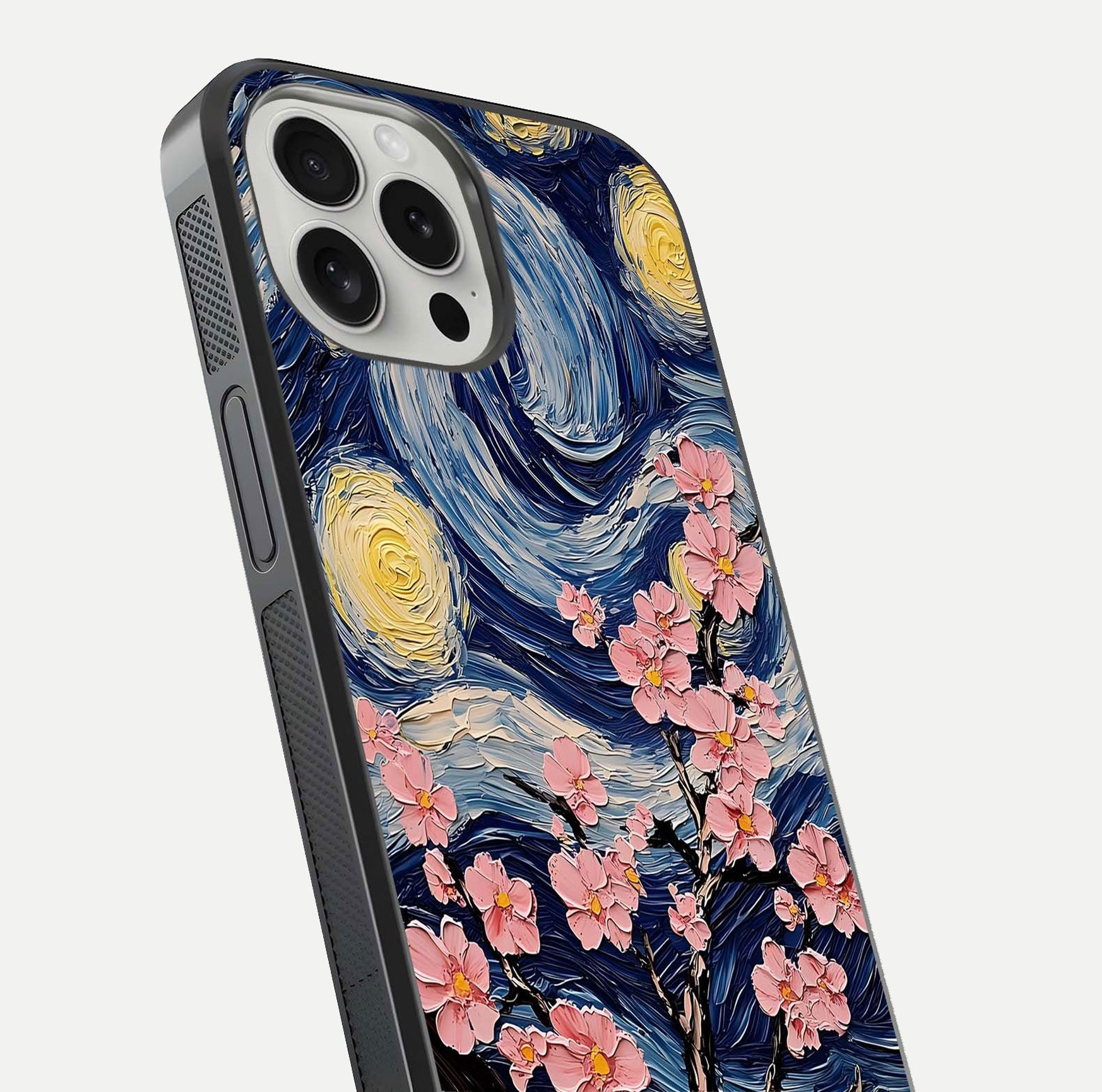 Van Gogh Scenery Glass Case for iPhone 16 Pro close-up angled shot highlighting brushwork texture and color depth