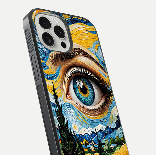 Van Gogh Eye Glass Case for iPhone 16 Pro close-up angled shot highlighting color blend and gloss reflection