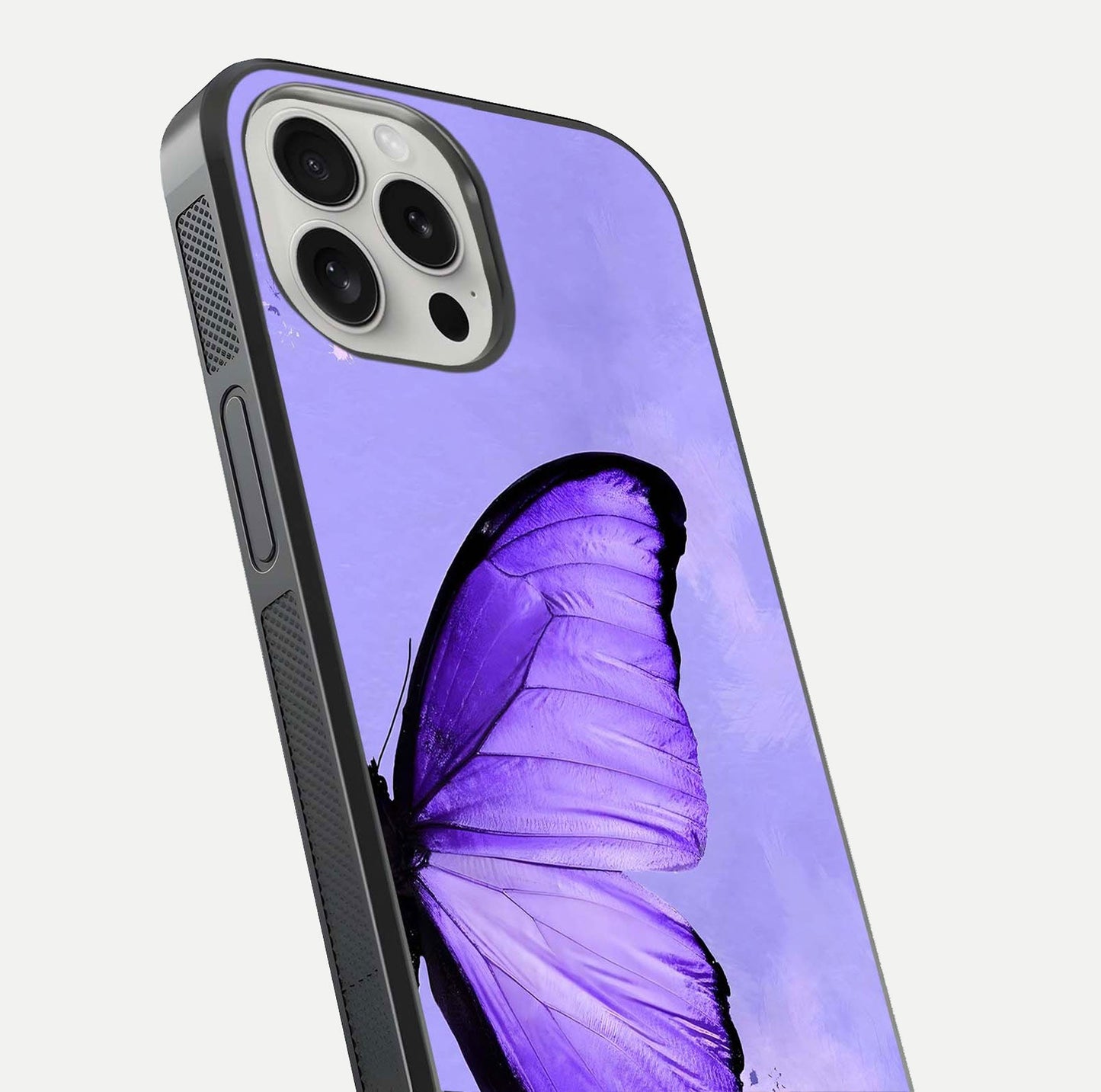 Violet Dream Wing Glass Case for iPhone 16 Pro close-up angled shot highlighting wing texture and reflection