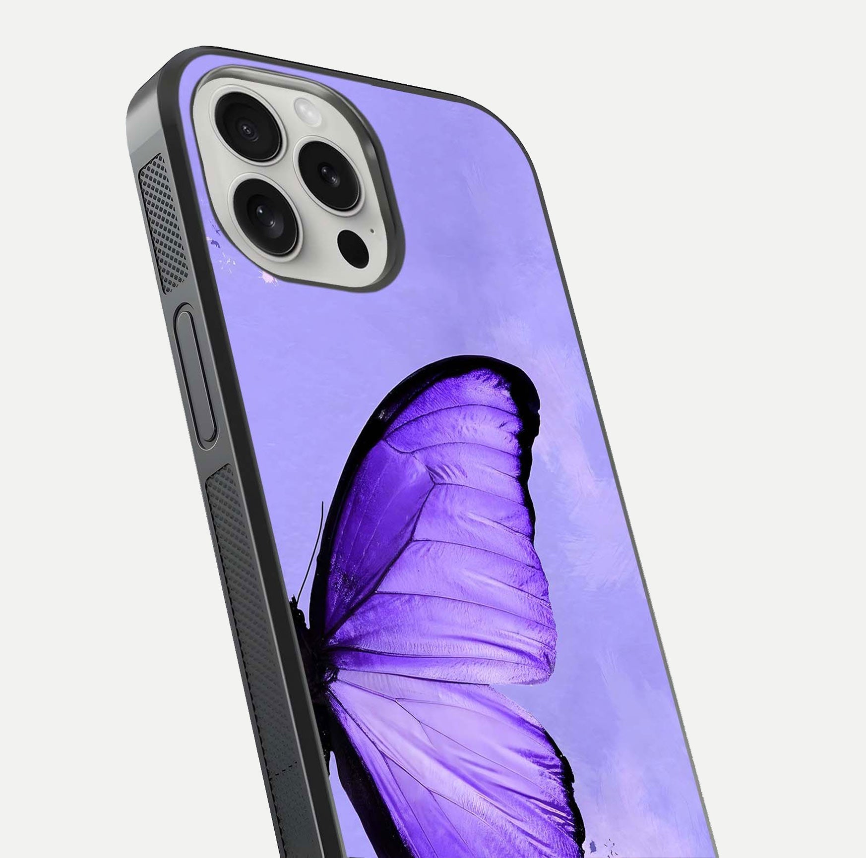 Violet Dream Wing Glass Case for iPhone 16 Pro close-up angled shot highlighting wing texture and reflection