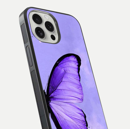 Violet Dream Wing Glass Case for iPhone 16 Pro close-up angled shot highlighting wing texture and reflection