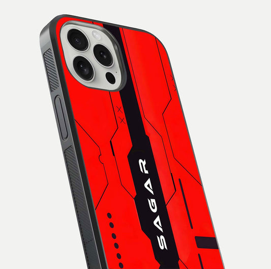 Voltage Rise CYBERPUNK Custom Name Glass Case for iPhone 16 Pro close-up angled shot highlighting neon glow and reflection