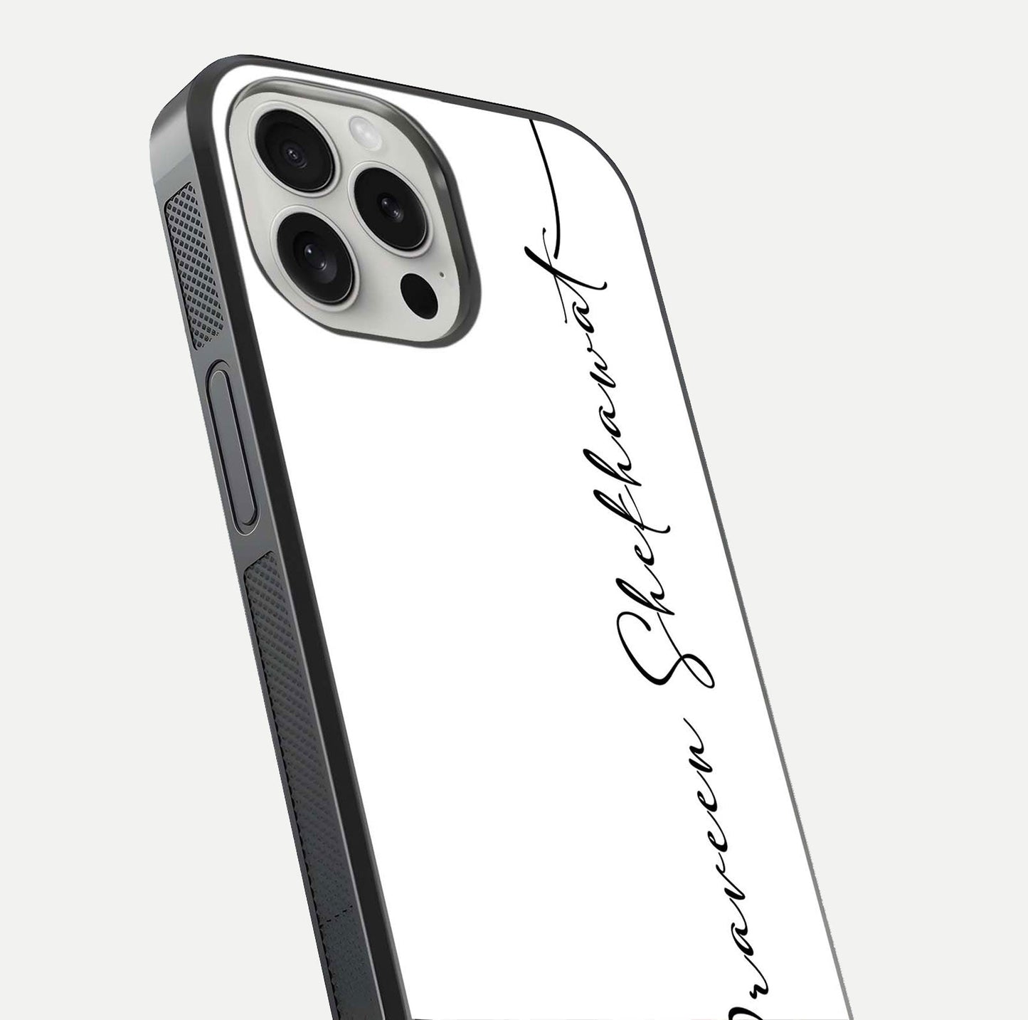 White Tune Custom Name Glass Case for iPhone 16 Pro close-up angled shot highlighting gloss reflection and texture