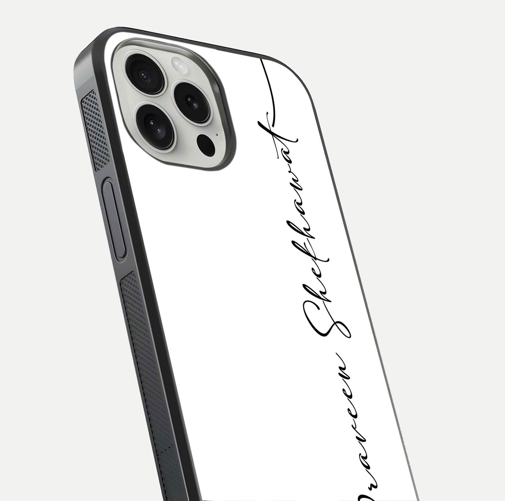 White Tune Custom Name Glass Case for iPhone 16 Pro close-up angled shot highlighting gloss reflection and texture