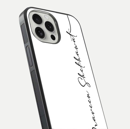 White Tune Custom Name Glass Case for iPhone 16 Pro close-up angled shot highlighting gloss reflection and texture