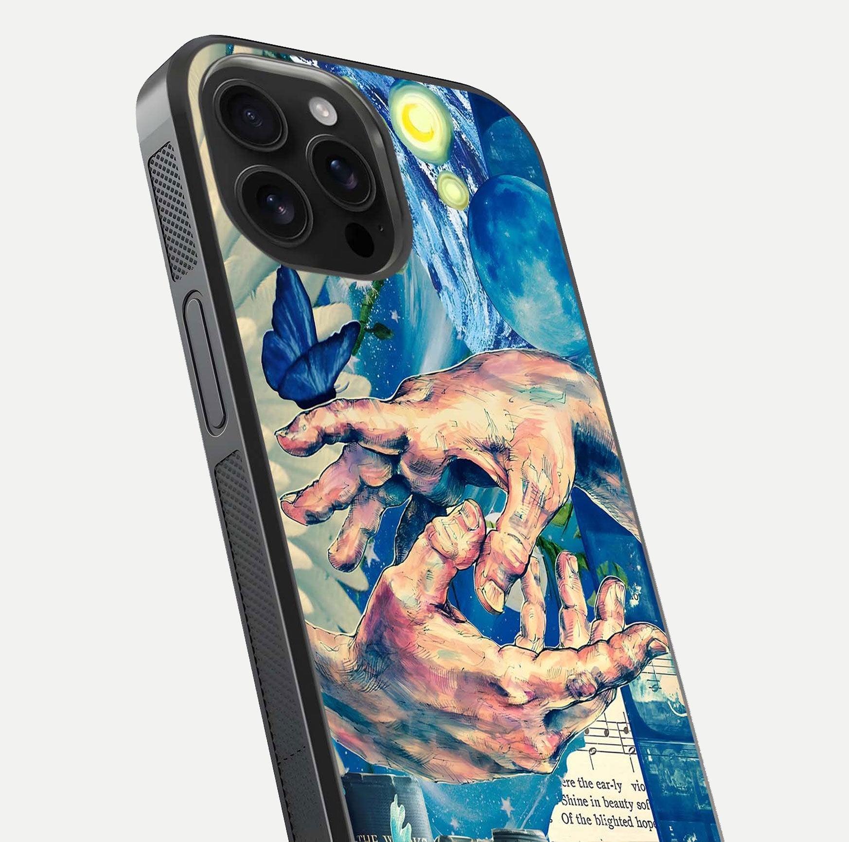 Aesthetic Divider Glass Case for iPhone 16 Pro Max close-up angled shot showing detailed divider artwork and gloss reflection