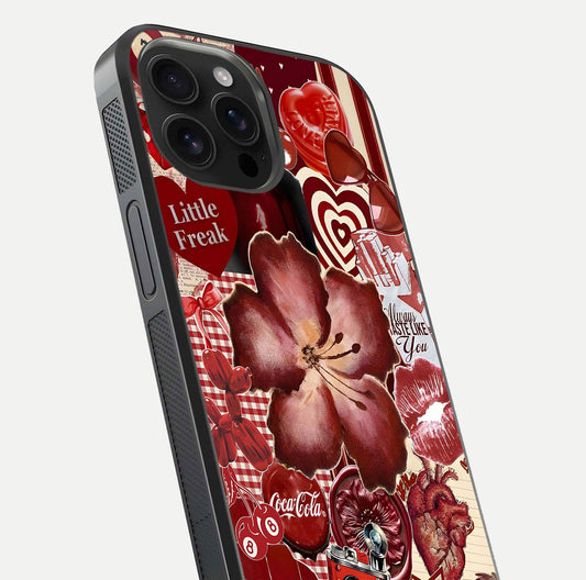 Aesthetic Little Freak Glass Case for iPhone 16 Pro Max close-up angled shot showing detailed artwork, bold design, and gloss reflection