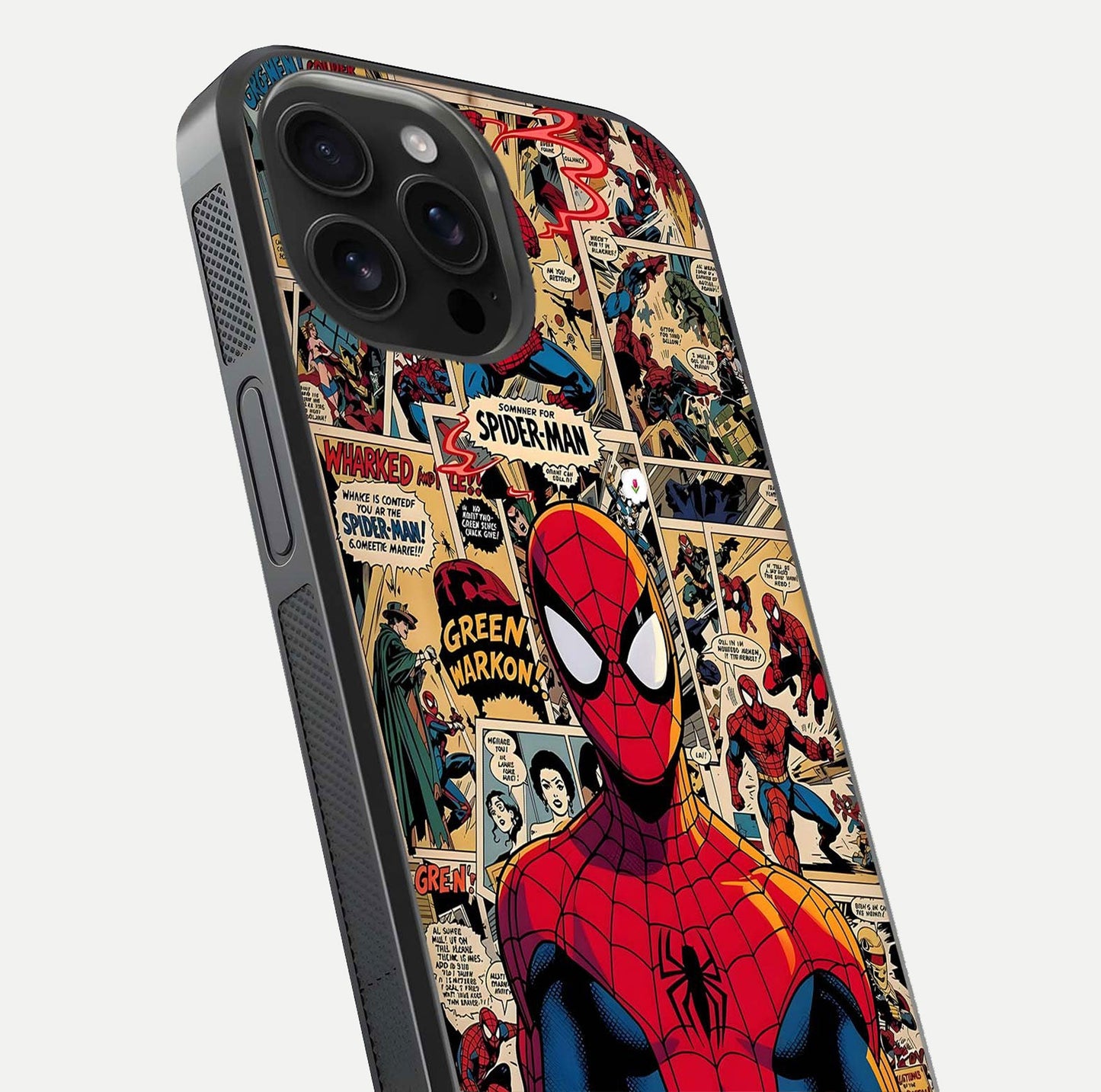 Aesthetic Spider Man Glass Case for iPhone 16 Pro Max close-up angled shot showing detailed Spider-Man artwork and gloss reflection