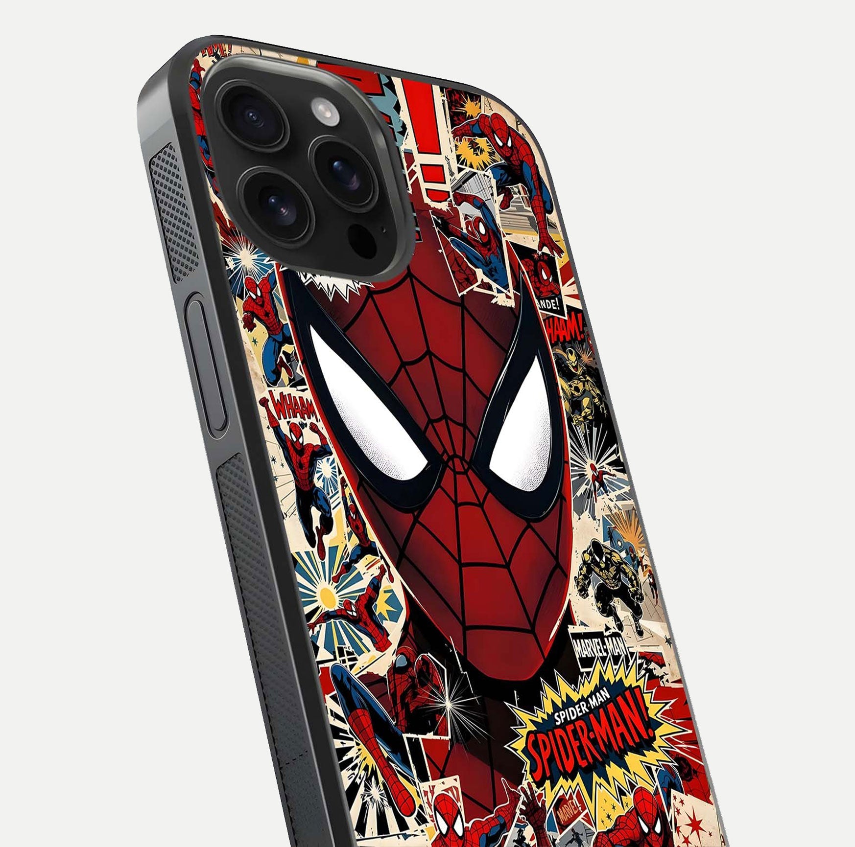 Aesthetic Wonder Spider Glass Case for iPhone 16 Pro Max angled close-up highlighting spider web detail and vibrant color gloss