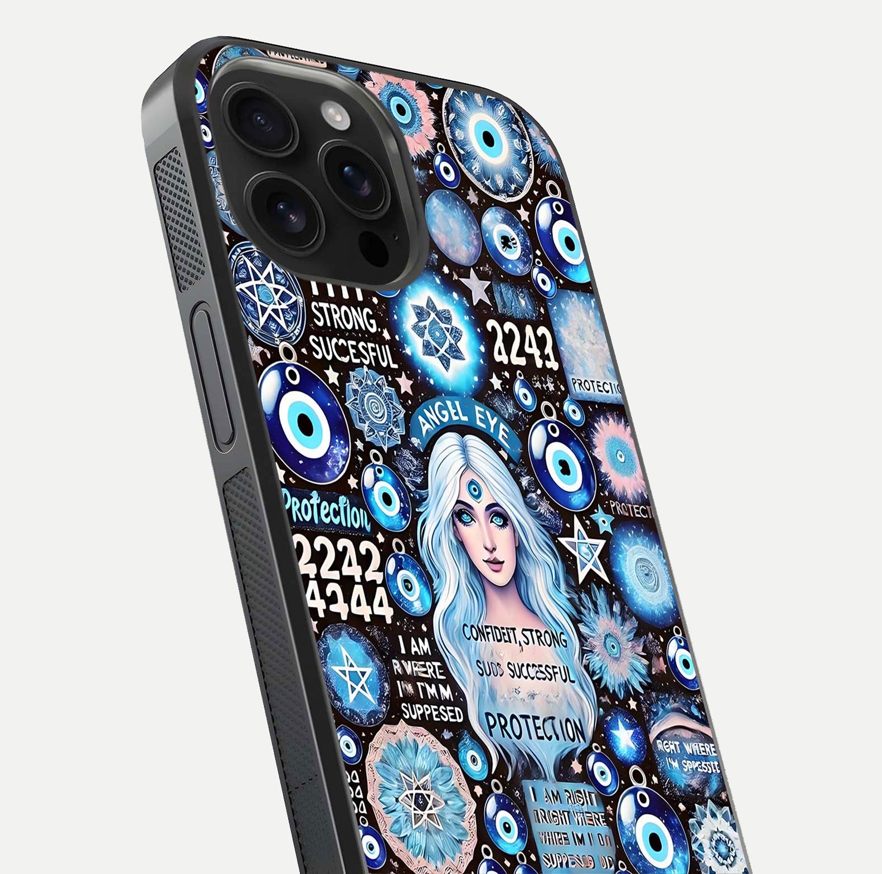 Angel Aura Shield Glass Case for iPhone 16 Pro Max close-up view capturing aura glow, metallic tones, and shine texture