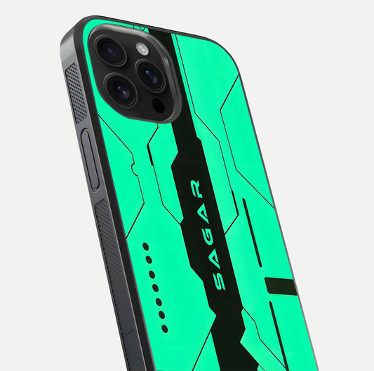 Aqua Tech CYBERPUNK Custom Name Glass Case for iPhone 16 Pro Max close-up angle showing futuristic blue lights and reflections