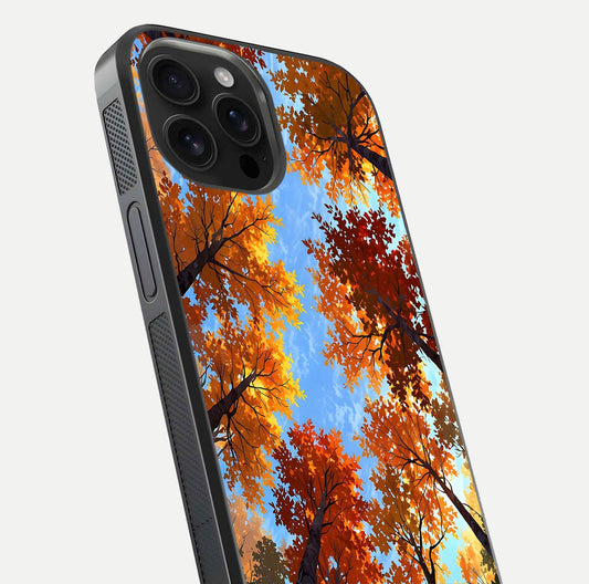 Autumn Sky Rise Glass Case for iPhone 16 Pro Max close-up shot of autumn tone details and HD shine reflection