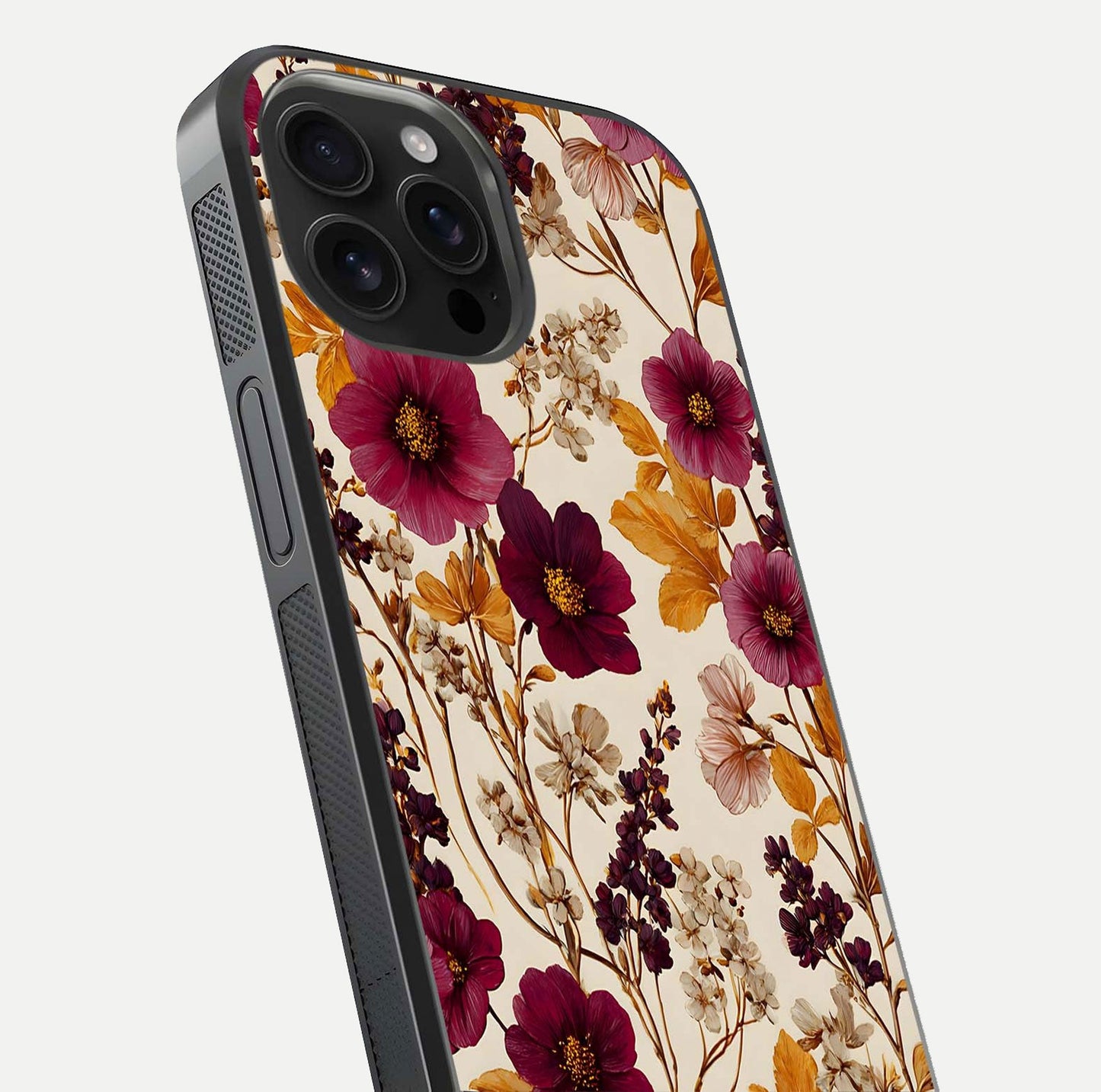 Autumn Wine Bloom Glass Case for iPhone 16 Pro Max close-up highlighting petal detail and gloss reflection