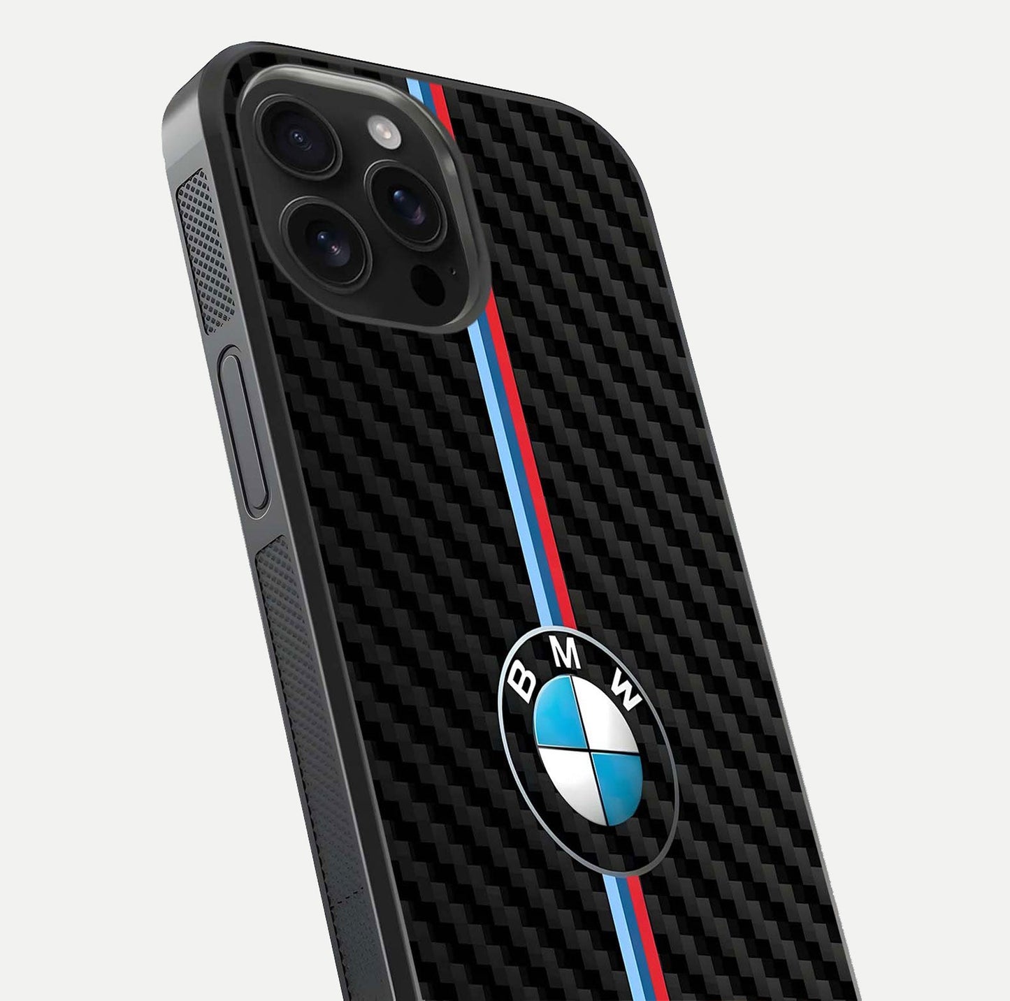 BMW Pattern Glass Case for iPhone 16 Pro Max close-up angle showing BMW logo detailing and high-reflect gloss texture