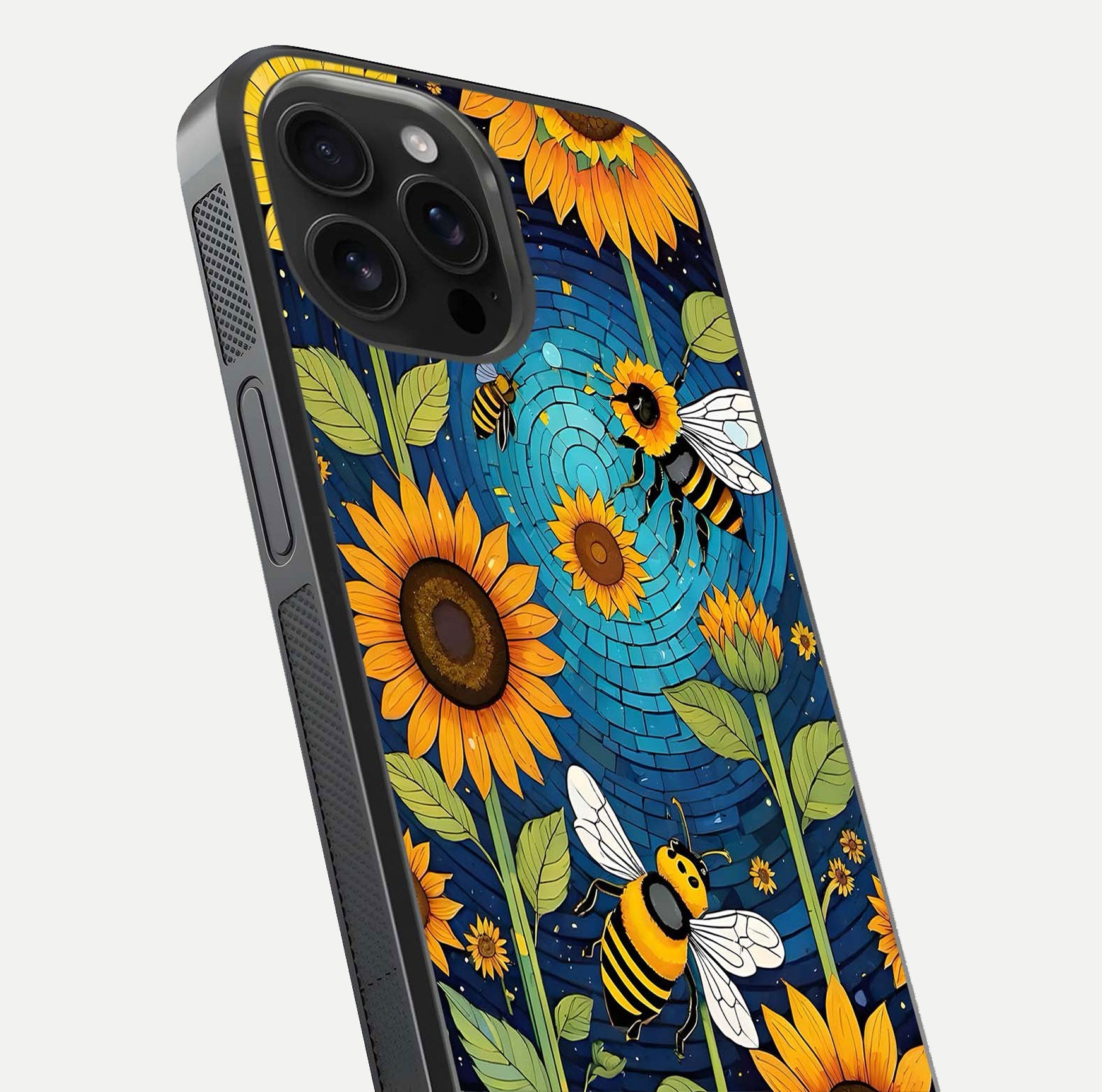 Bees & Sunflowers Glass Case for iPhone 16 Pro Max close-up angled shot showing detailed petals, bee prints, and glass reflection